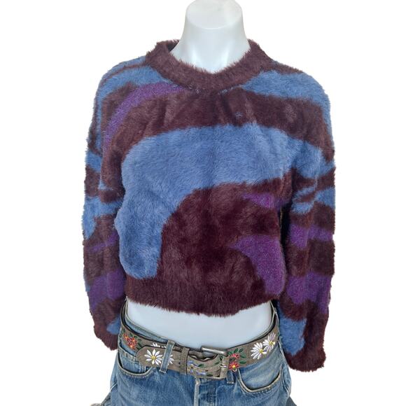 Louna Purple Blue Fuzzy Sweater SMALL Cropped Oversized Soft Cozy Crewneck $140 - Picture 6 of 11